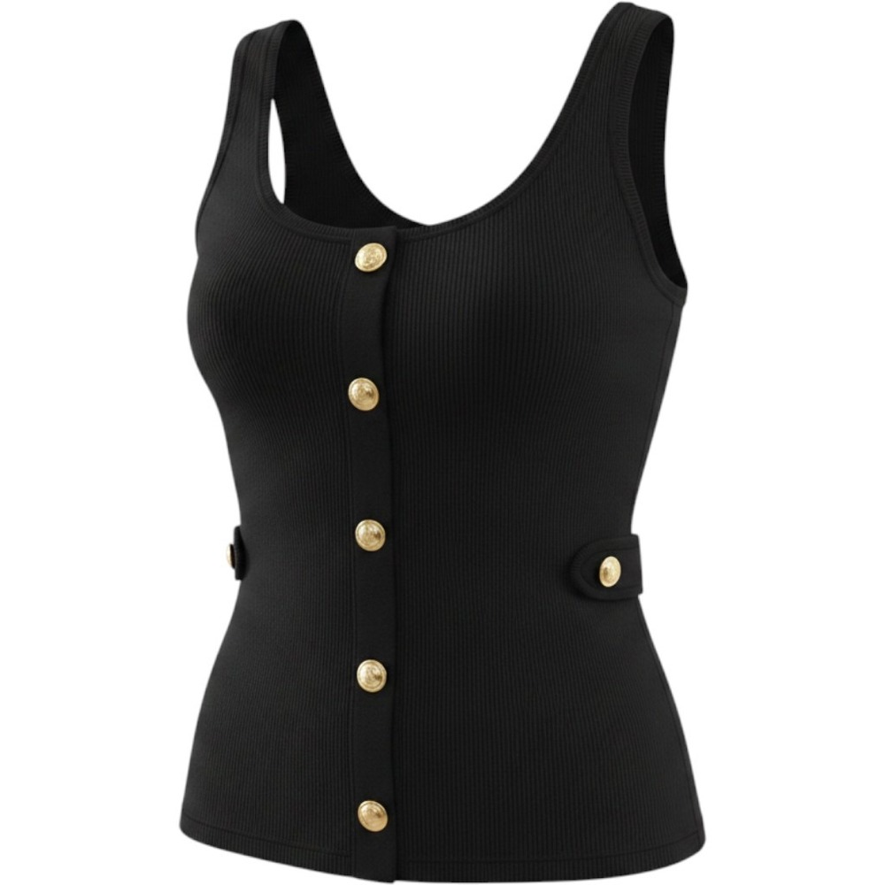 Michael Michael Kors‎ Black Knit Tank Top Gold Button Detail Scoop Neck Medium